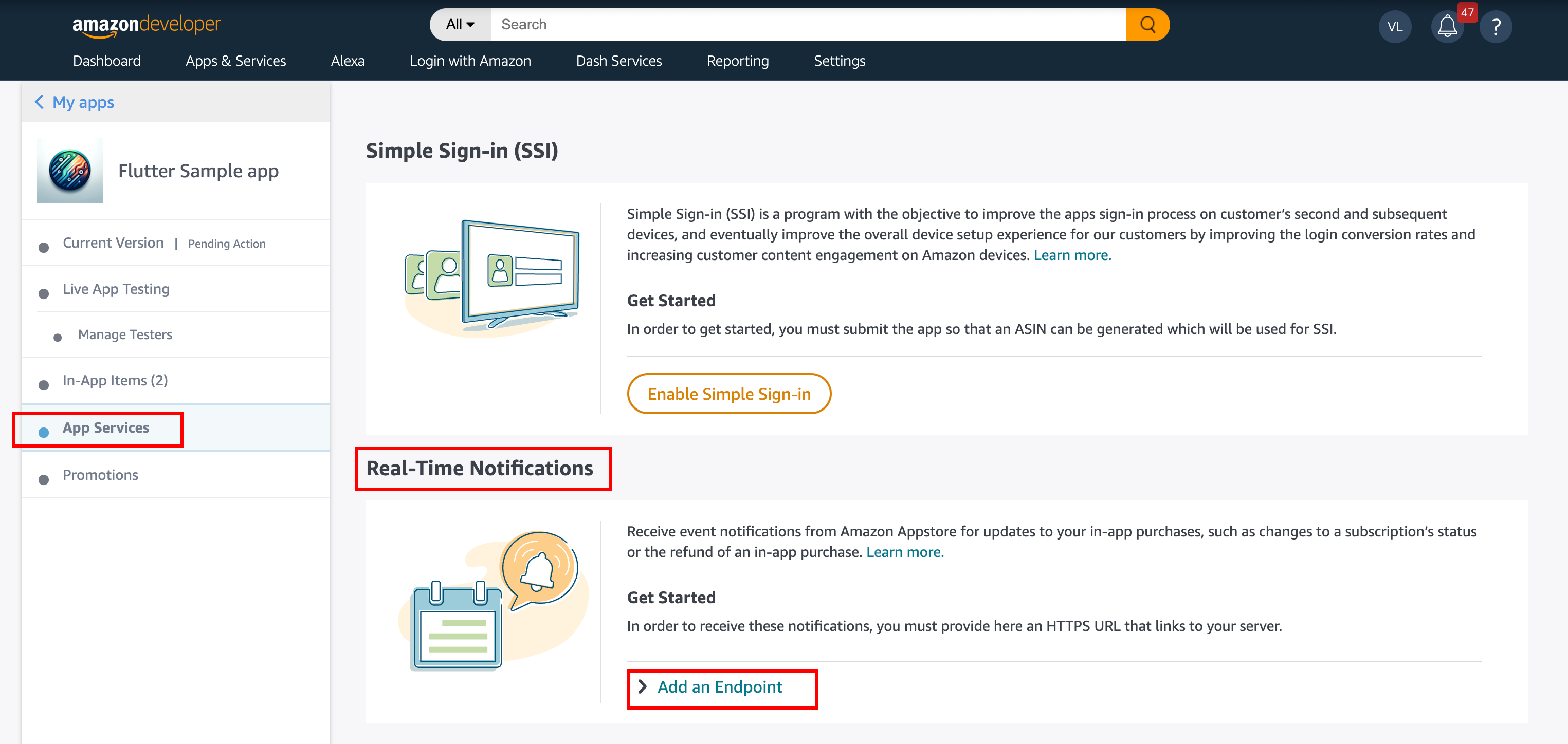 Navigate to App Services in the Amazon Appstore Console