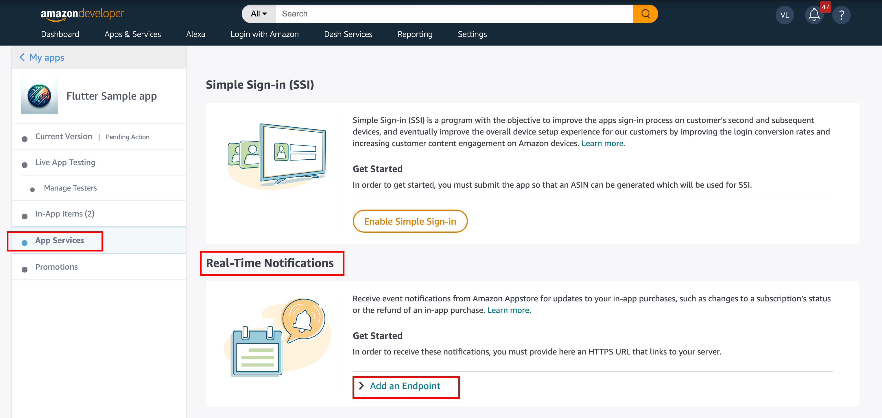 Navigate to App Services in the Amazon Appstore Console Navigate to App Services in the Amazon Appstore Console