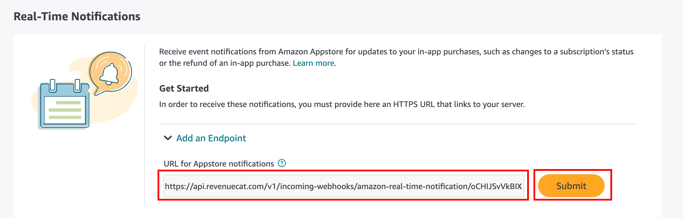 Submit the endpoint URL in Amazon Appstore Console Submit the endpoint URL in Amazon Appstore Console