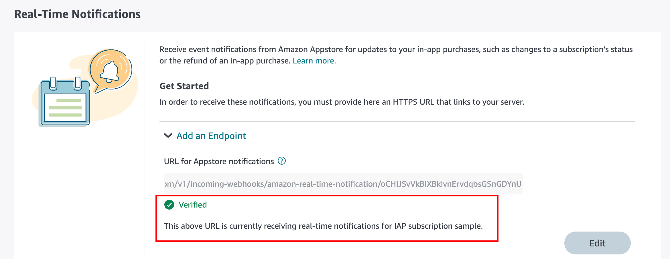 Endpoint verification status in Amazon Appstore Console Endpoint verification status in Amazon Appstore Console