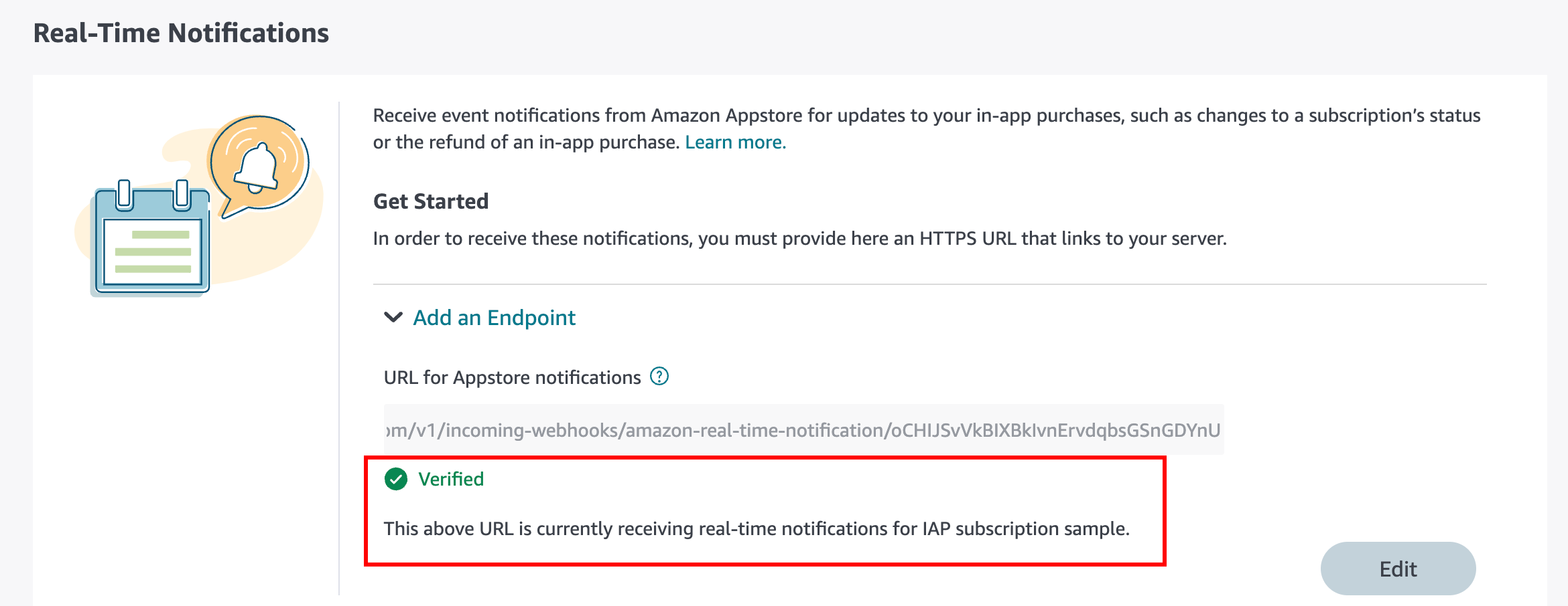 Endpoint verification status in Amazon Appstore Console