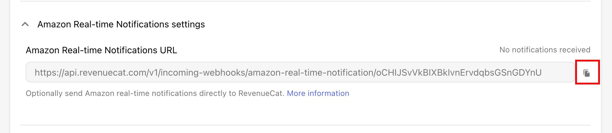 Copy the Amazon Real-time Notifications URL from RevenueCat