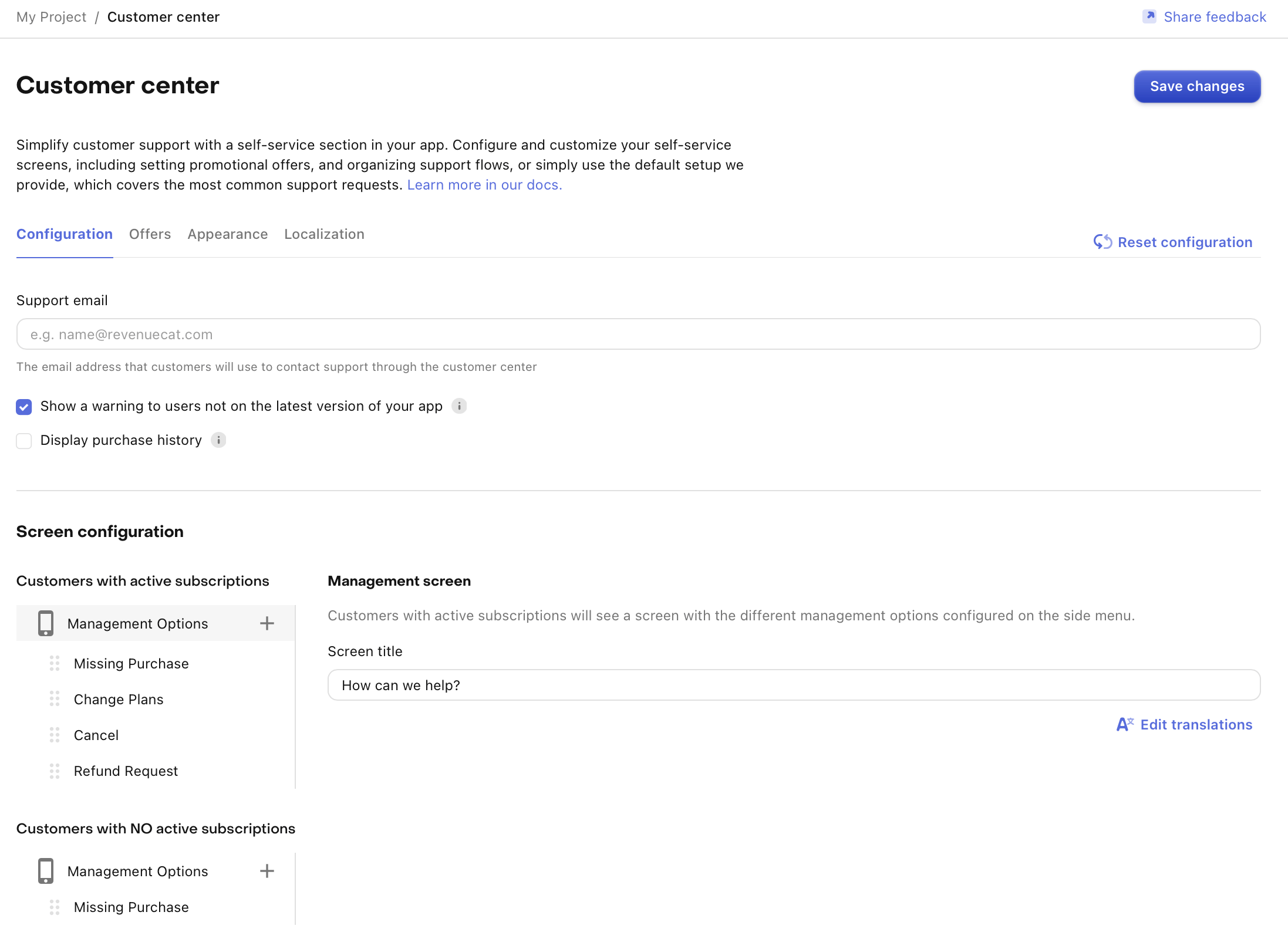 Customer Center Configuration