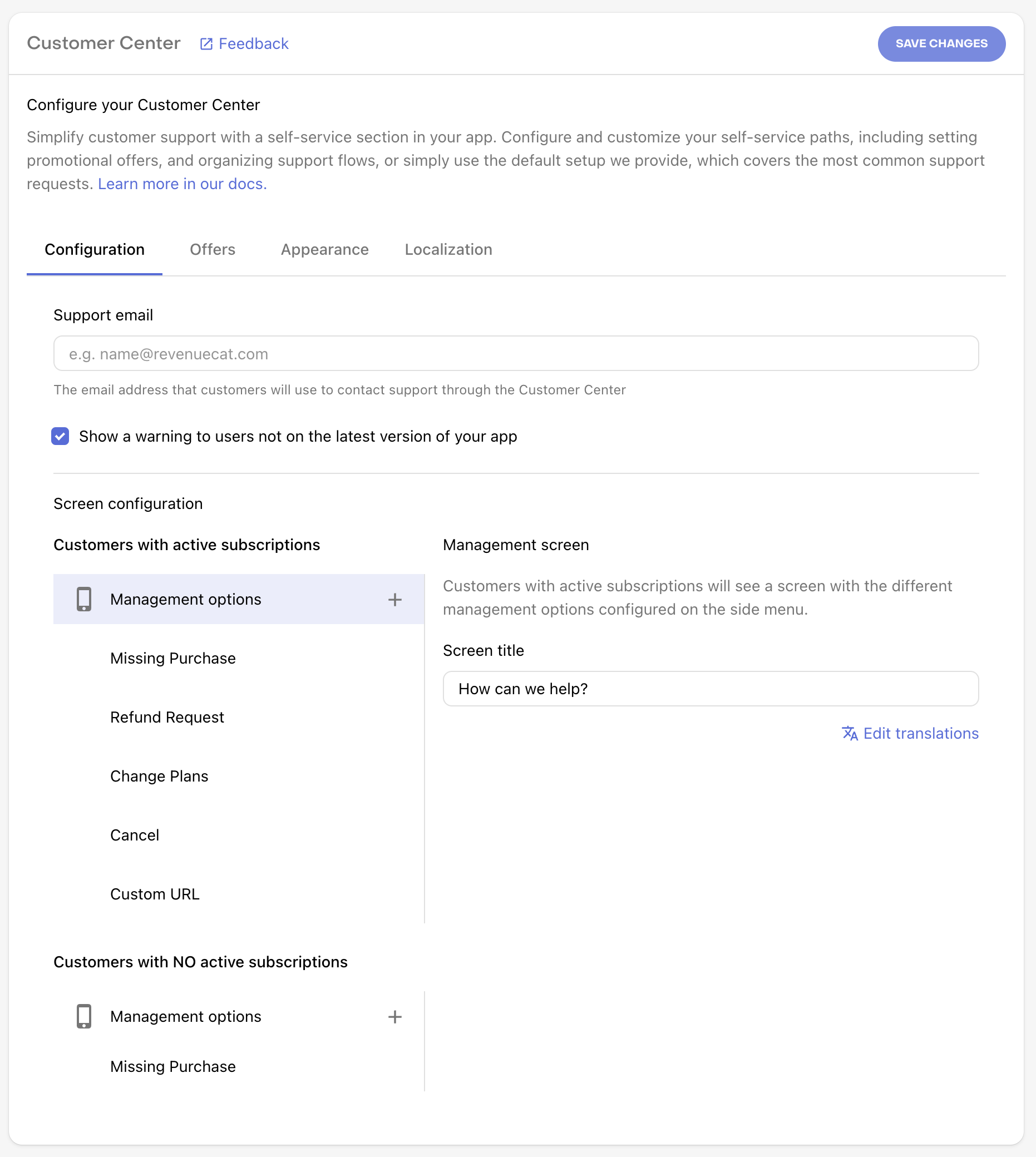 Customer Center Configuration