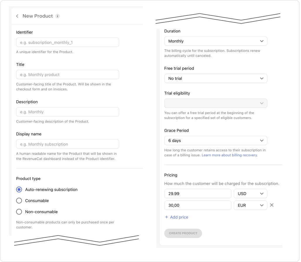 New product configuration page