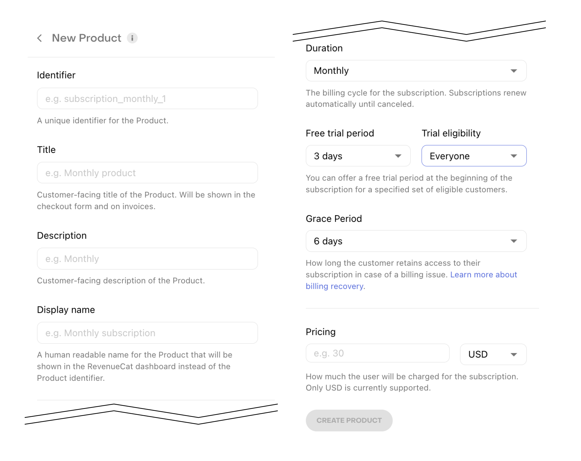 New product configuration page
