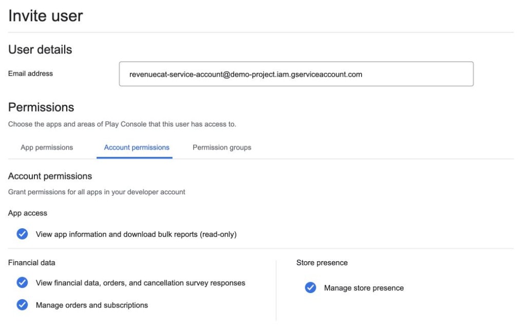 Play Console Invite user page with the four required account permissions selected