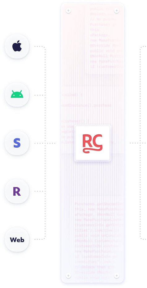 Schema shows the connection where data from all platforms (Apple, Android, Stripe, Roku and Web) is accessible in RevenueCat for analysis and customer management