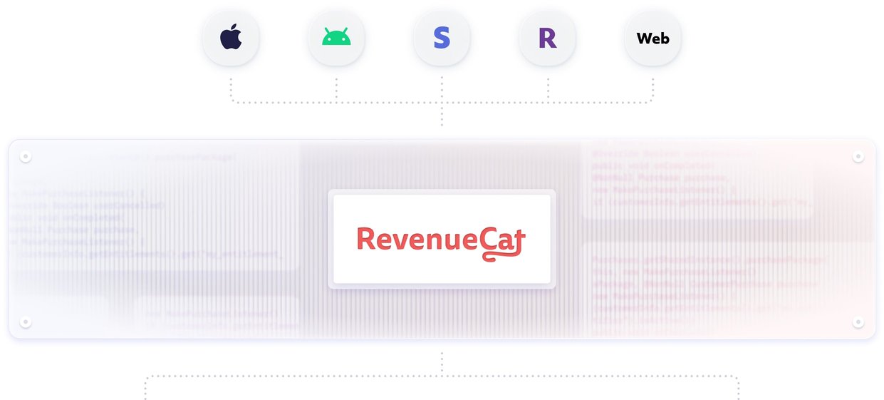 Schema shows the connection where data from all platforms (Apple, Android, Stripe, and Web) is accessible in RevenueCat for analysis and customer management