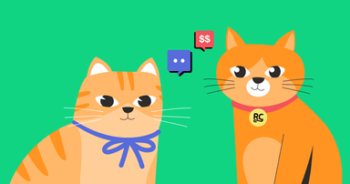 Two illustrated cats with speech bubbles: one showing dialogue and the other displaying a dollar sign, representing customer conversations about pricing.